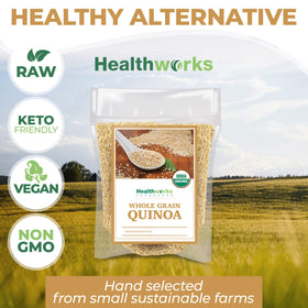 Healthworks Quinoa pantry label highlights Peru origin and organic farming.