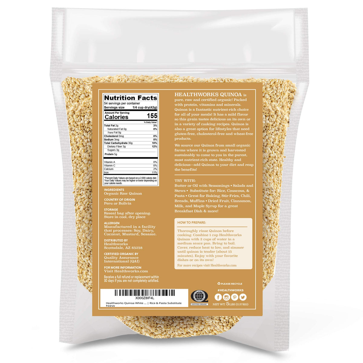 Healthworks Quinoa White raw kernel close-up suitable for high-protein plant-based cooking.