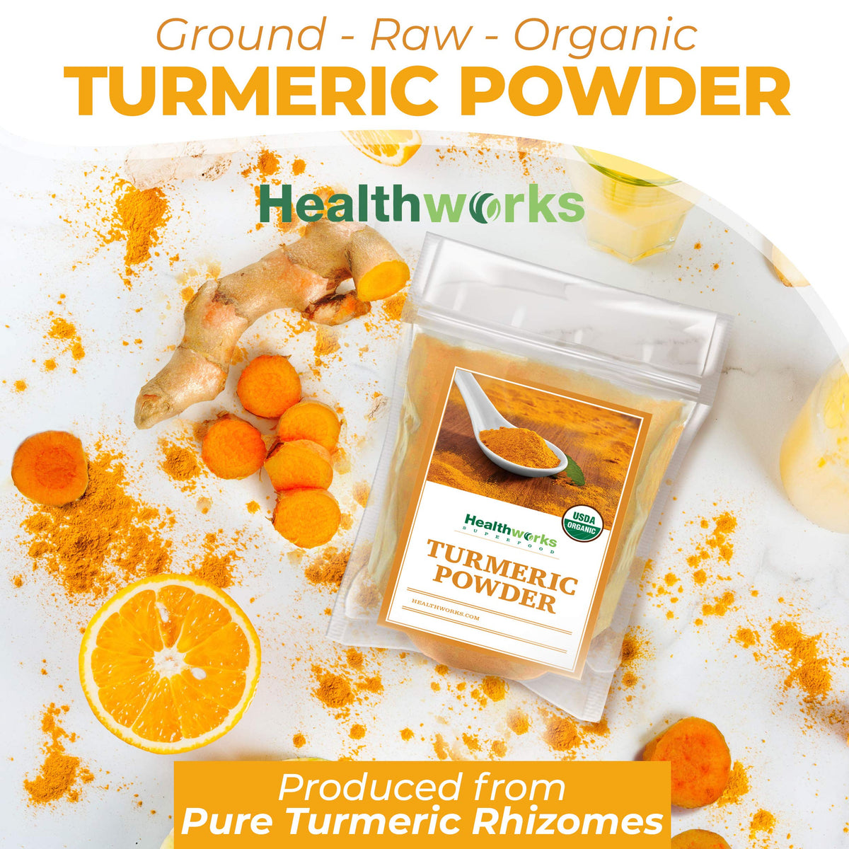 Healthworks Turmeric Powder ground texture shows purity and quality