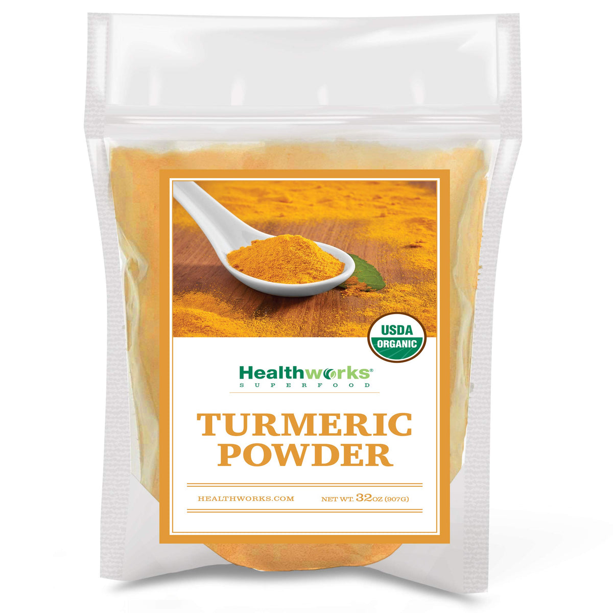 Healthworks Turmeric Powder organic jar closeup with vibrant color and aroma