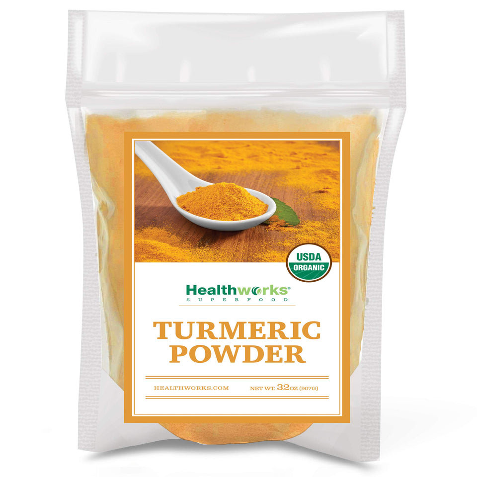 Healthworks Turmeric Powder organic jar closeup with vibrant color and aroma