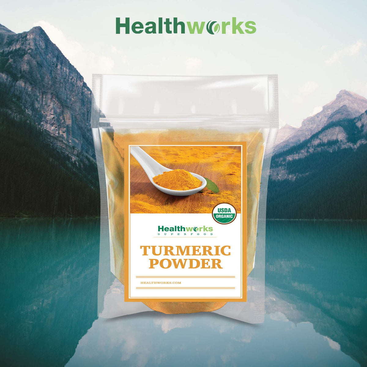 Healthworks Turmeric Powder packaged on shelf signaling organic non-GMO