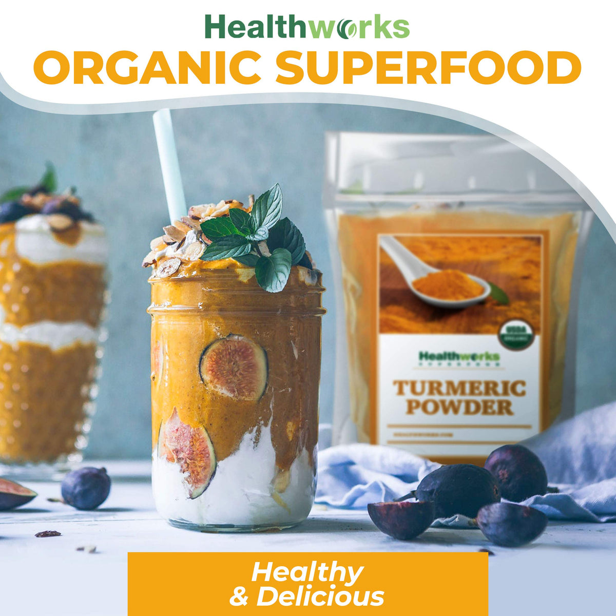 Healthworks Turmeric Powder dressing to enhance salad with golden color