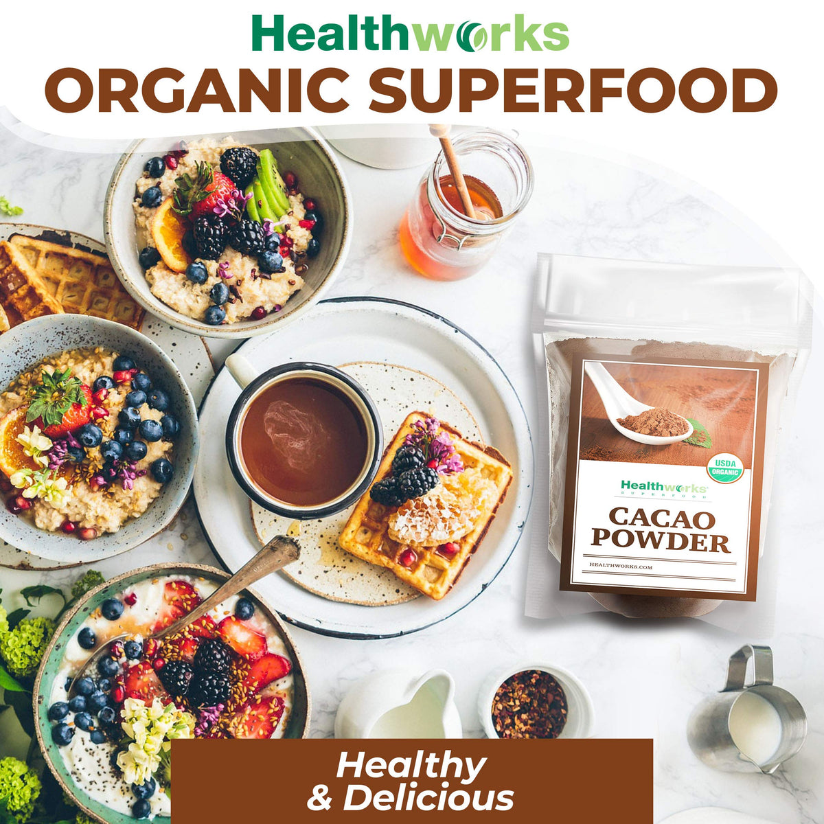 Healthworks Vegan cacao powder elevates coffee and shakes.