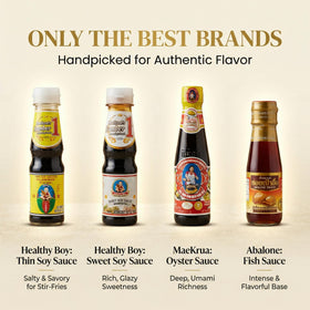 Healthy Boy Thin Soy Sauce bottle highlighting authentic Thai flavor for stir-frying.