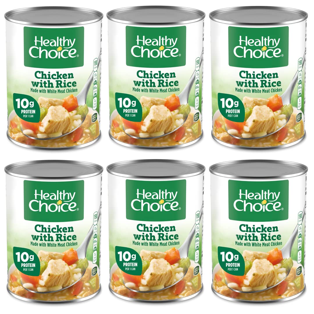 Healthy Choice Chicken and Rice Soup 15oz can front view; ready-to-heat comfort.