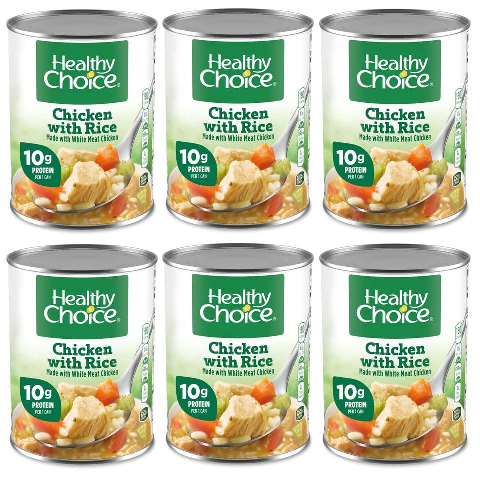 Healthy Choice Chicken and Rice Soup 15oz can front view; ready-to-heat comfort.