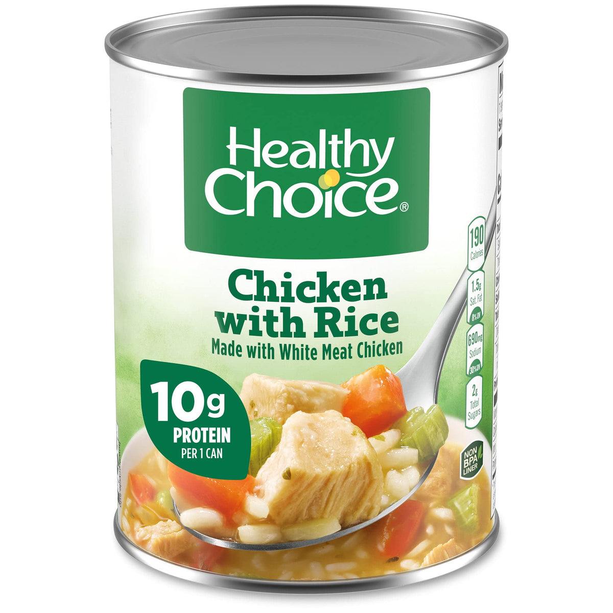 Healthy Choice Chicken and Rice Soup 15oz can nutrition label; convenient protein and energy in minutes.