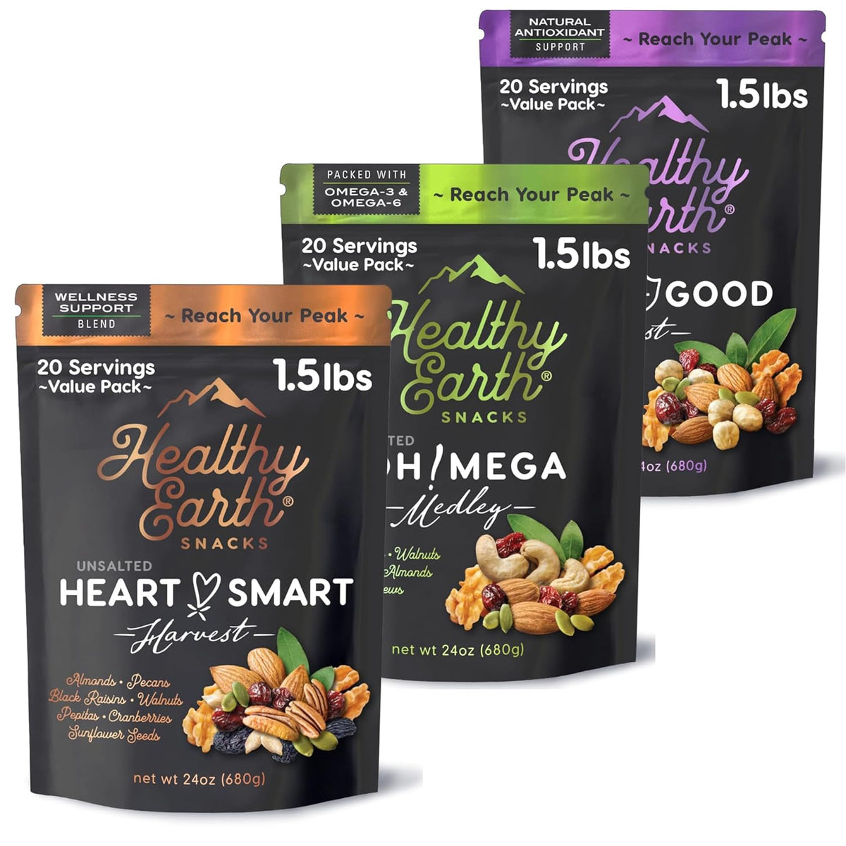 Healthy Earth Mixed Nuts Unsalted 3-pack bundle, ideal for versatile snacking.