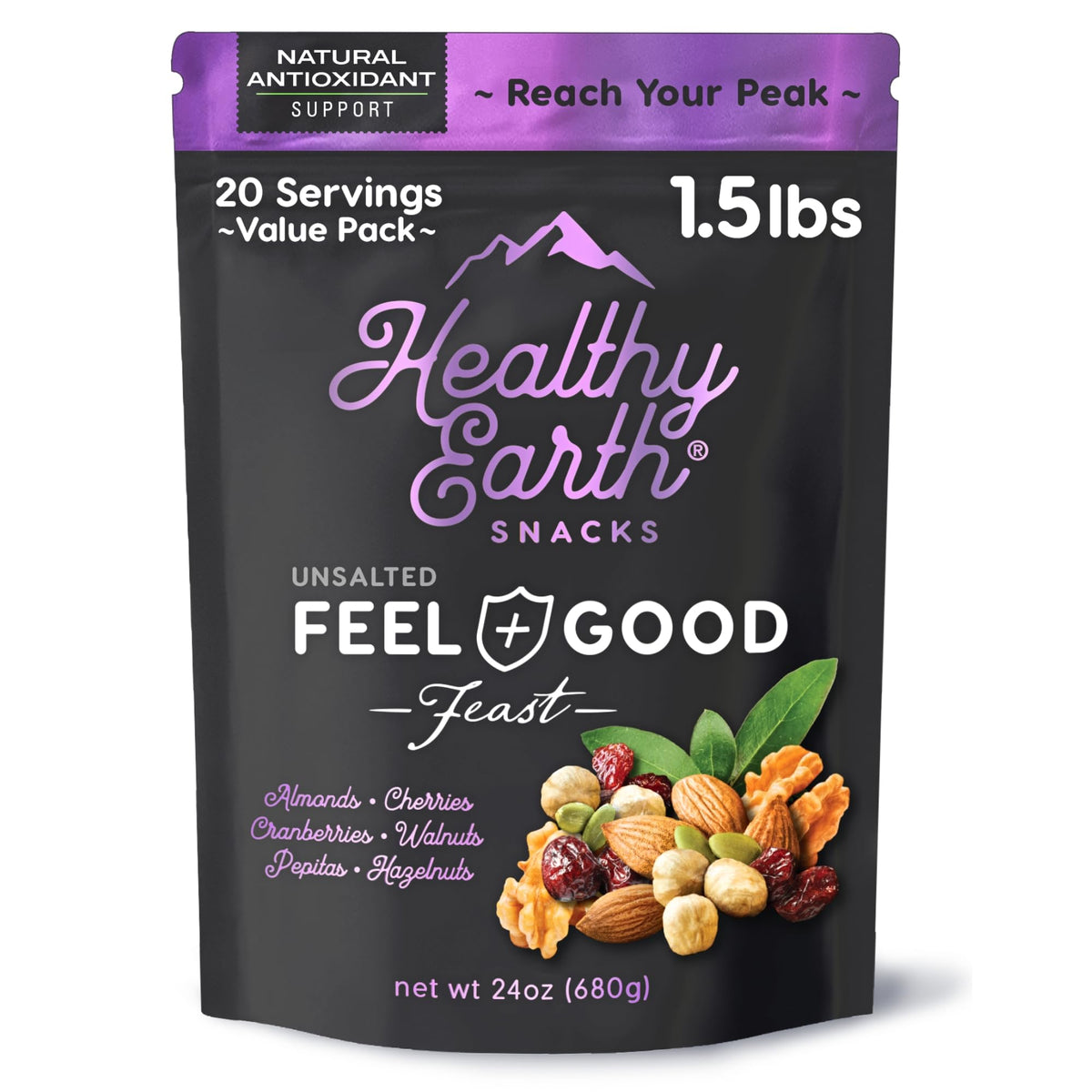 Healthy Earth mixed nuts unsalted trail mix pack for on-the-go snacking.