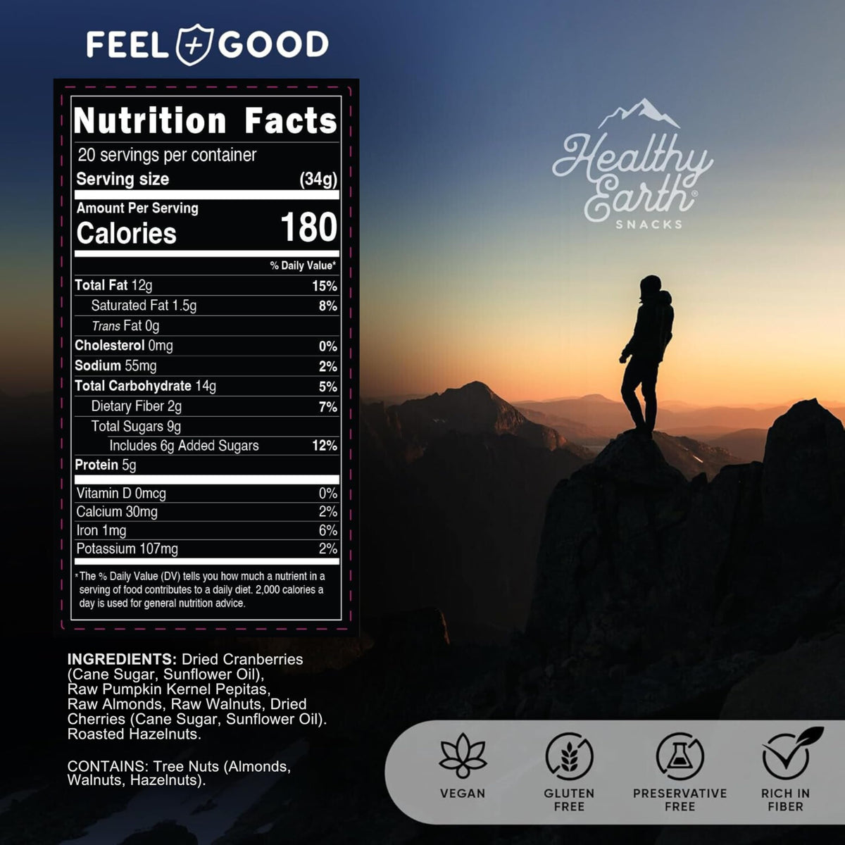 Healthy Earth no preservatives trail mix highlights clean ingredients.
