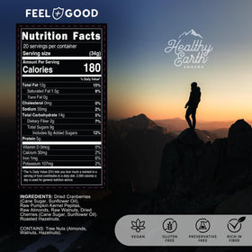 Healthy Earth no preservatives trail mix highlights clean ingredients.