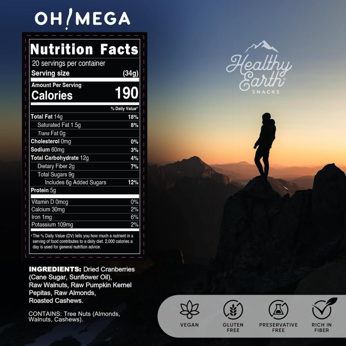 Healthy Earth nutrition label emphasizing gluten-free and preservative-free promise.