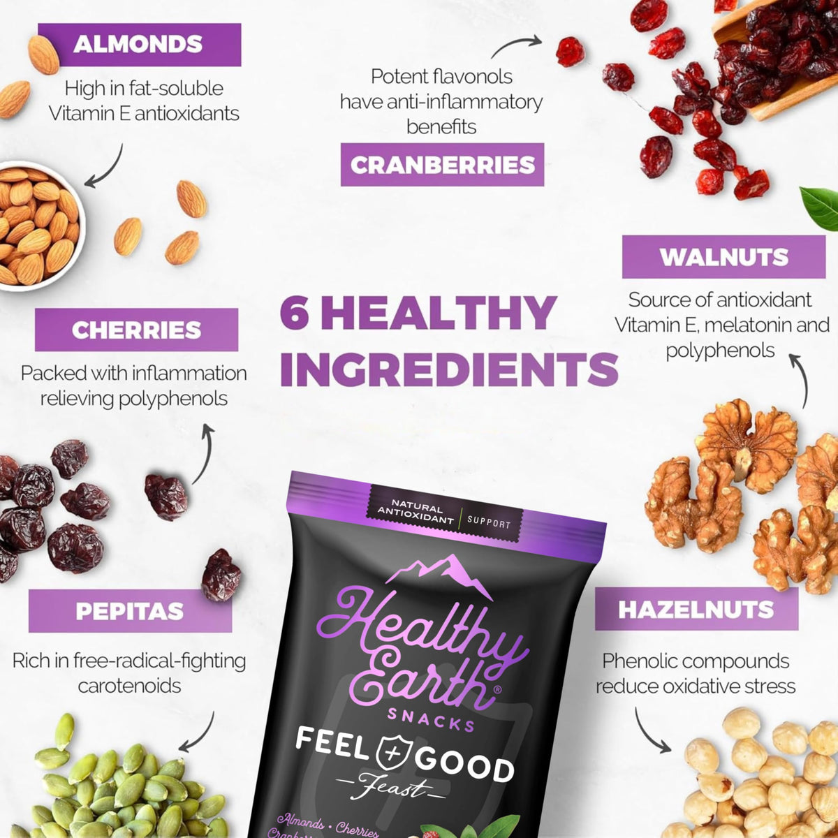 Healthy Earth Oh Mega Medley nuts close-up highlight omega-rich goodness.