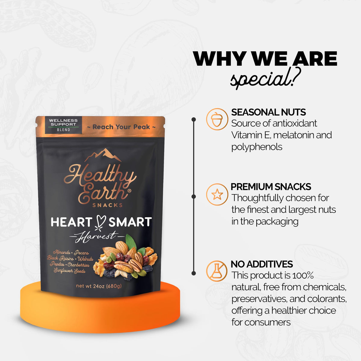 Healthy Earth Oh! Mega Medley vegan, non-GMO blend for mindful snacking.