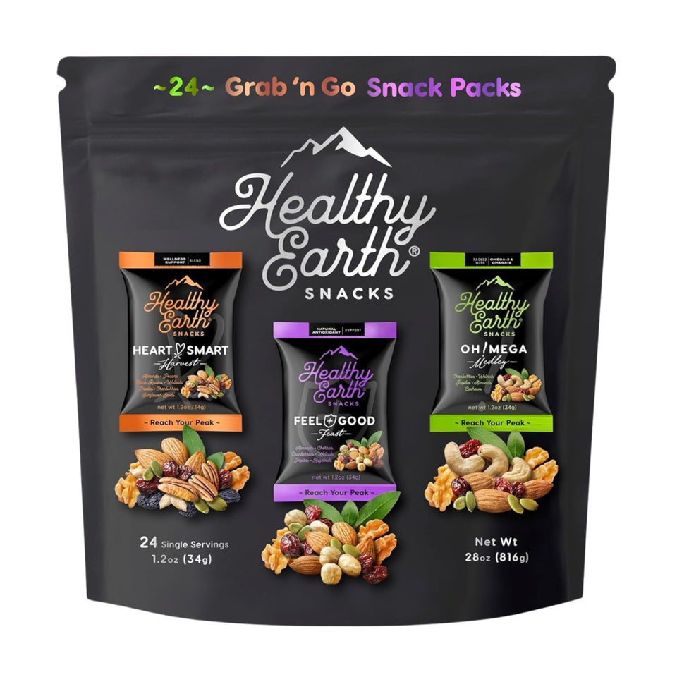 Healthy Earth Snacks 3 Flavors Variety Pack front view, ready-to-eat mix for on-the-go snacking