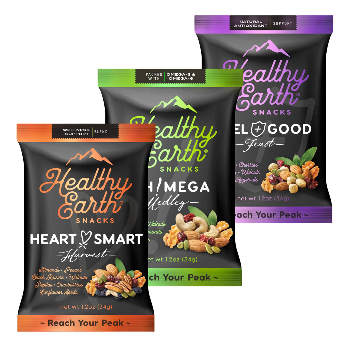 Healthy Earth Snacks 3 Flavors Variety Pack pack shot shows 24 packets for balanced snacking