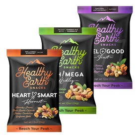 Healthy Earth Snacks 3 Flavors Variety Pack pack shot shows 24 packets for balanced snacking