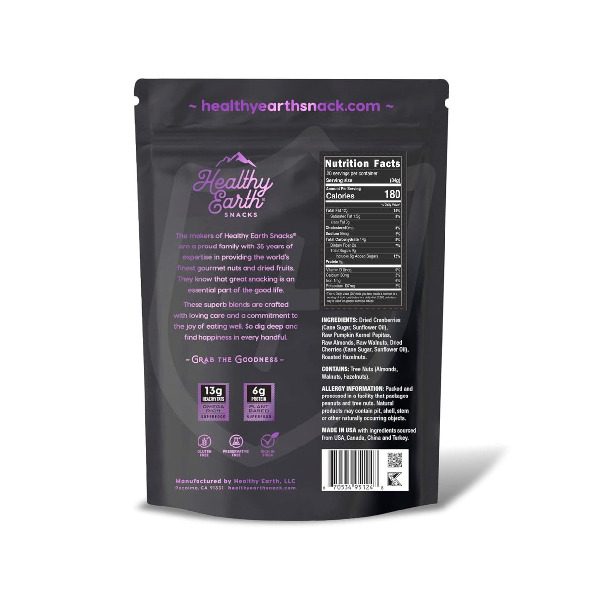 Healthy Earth sustainably harvested ingredients emphasize ethical snacking.