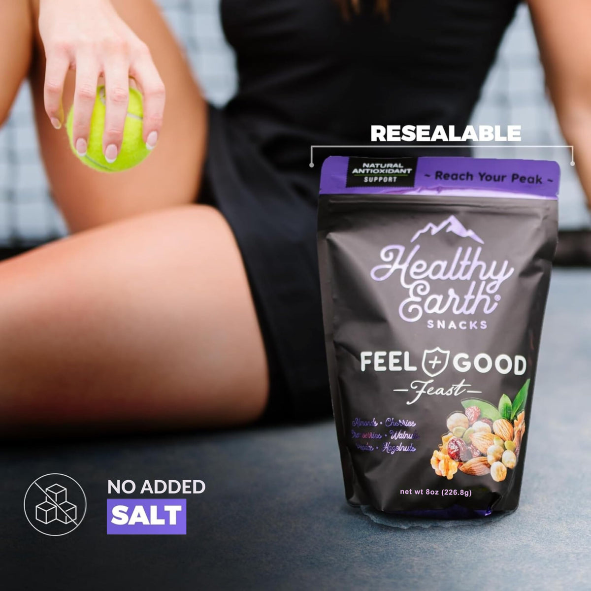 Healthy Earth unsalted nuts trail mix in bowl emphasizes fiber and natural crunch.