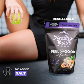 Healthy Earth unsalted nuts trail mix in bowl emphasizes fiber and natural crunch.