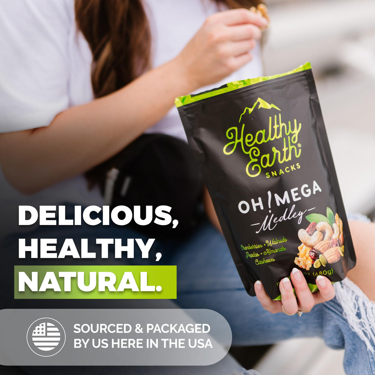 Healthy Earth vegan gluten-free badge signals inclusive snack option.