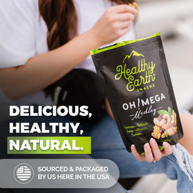 Healthy Earth vegan gluten-free badge signals inclusive snack option.