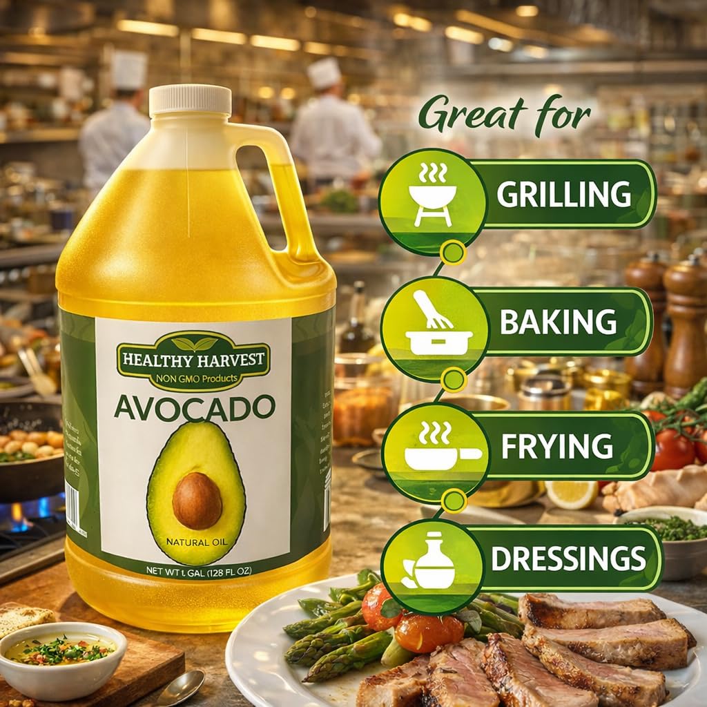 Healthy Harvest Avocado Oil pour—smooth texture ideal for sauces and light sautés.