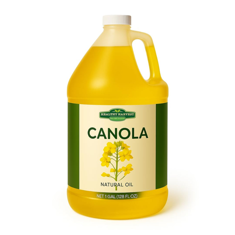 Healthy Harvest Canola Oil bottle pouring, showcasing versatile cooking.
