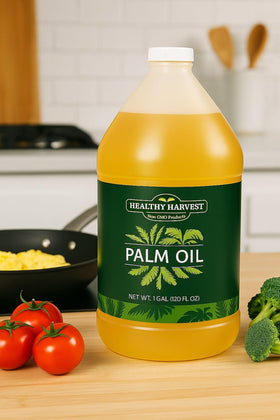 Healthy Harvest palm oil seedless jar emphasizing purity and seedless feature