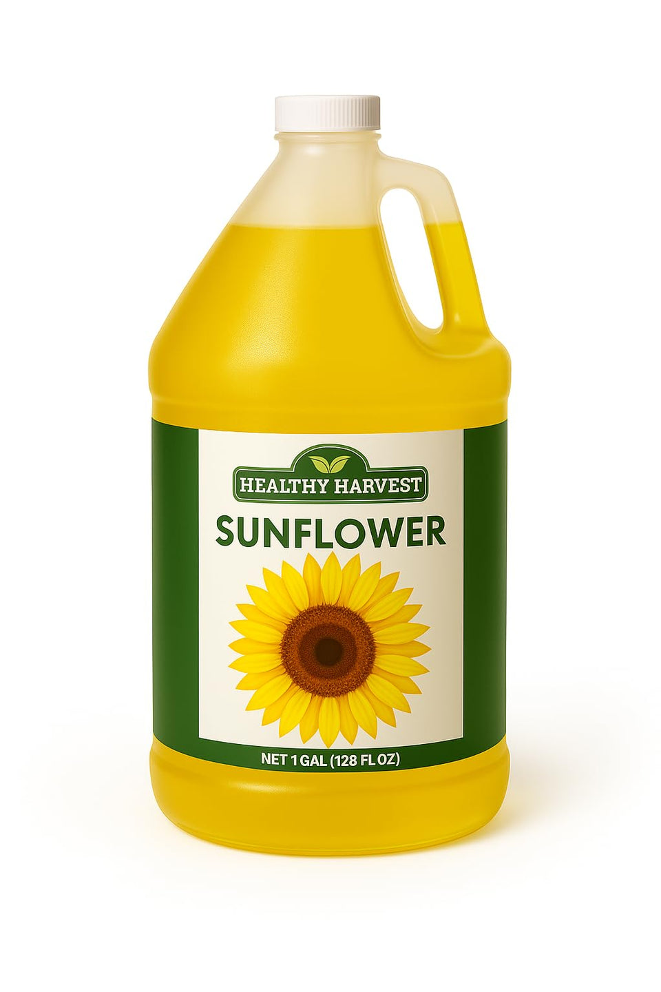 Healthy Harvest Sunflower Oil bottle showcases non-GMO quality and natural antioxidants.