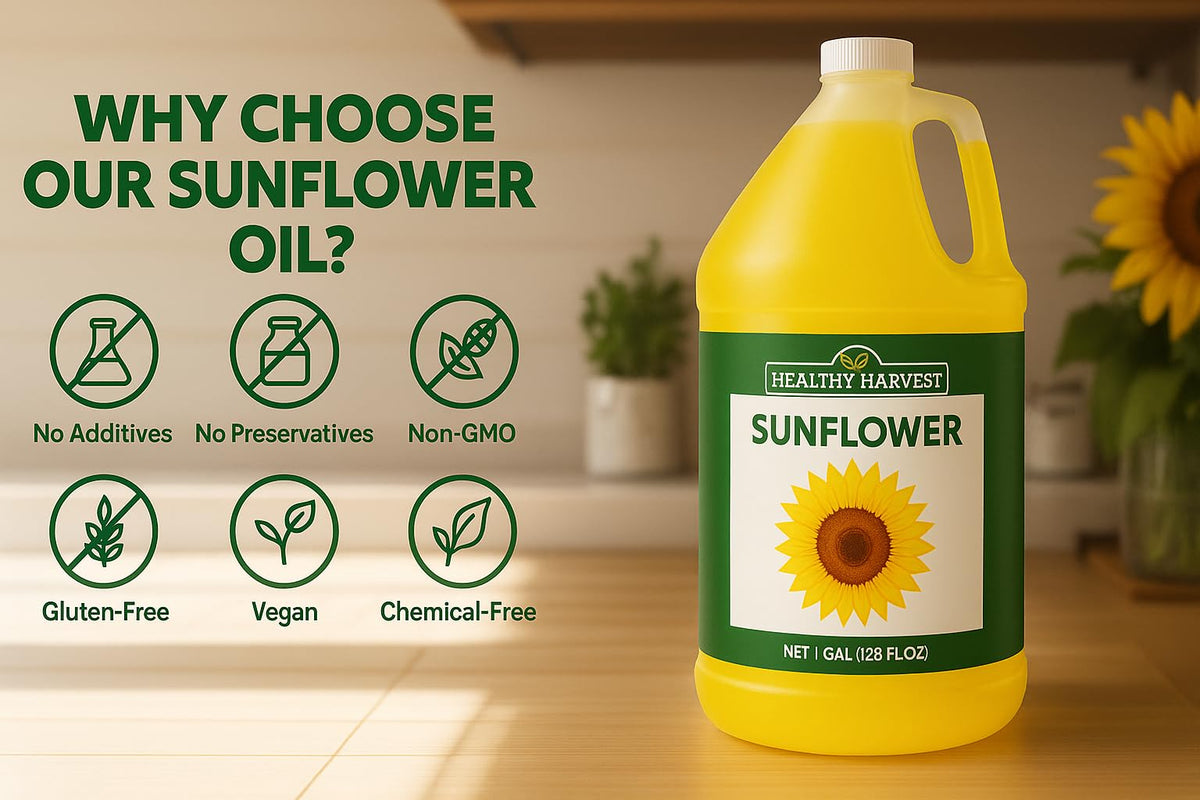 Healthy Harvest Sunflower Oil farm-origin label emphasizes transparency.