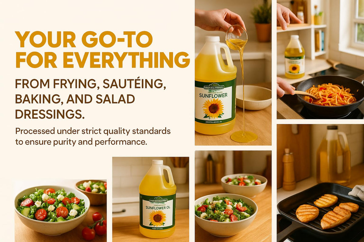 Healthy Harvest Sunflower Oil pour captures high smoke point for versatile cooking.