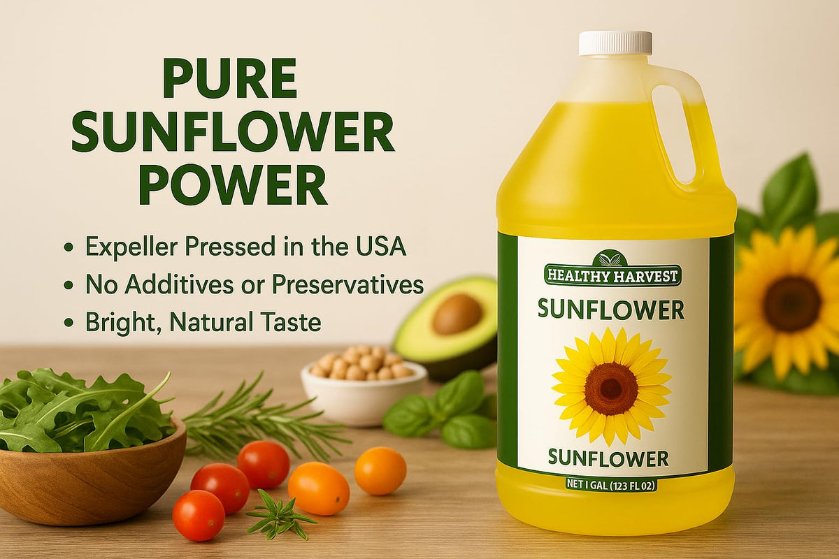 Healthy Harvest Sunflower Oil shelf-life image hints at steady flavor.