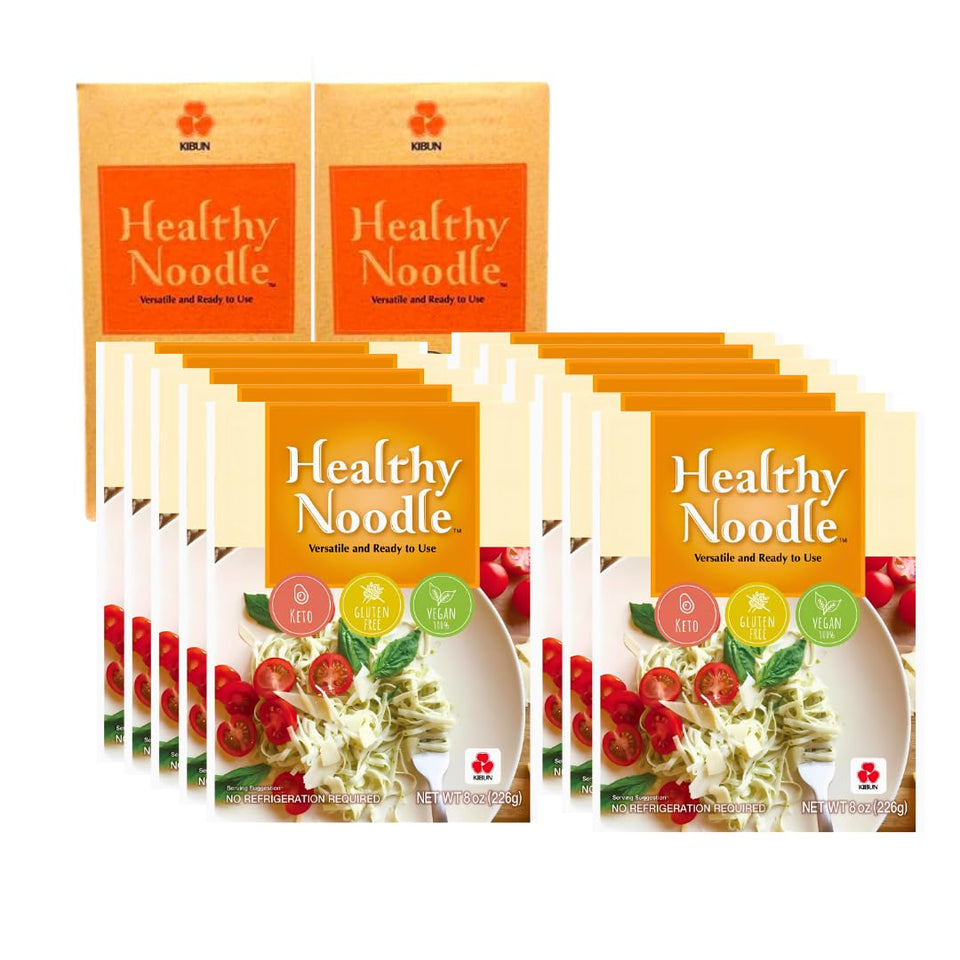 Healthy Noodle pack of 12 front view highlights gluten-free, ready-to-eat packaging.