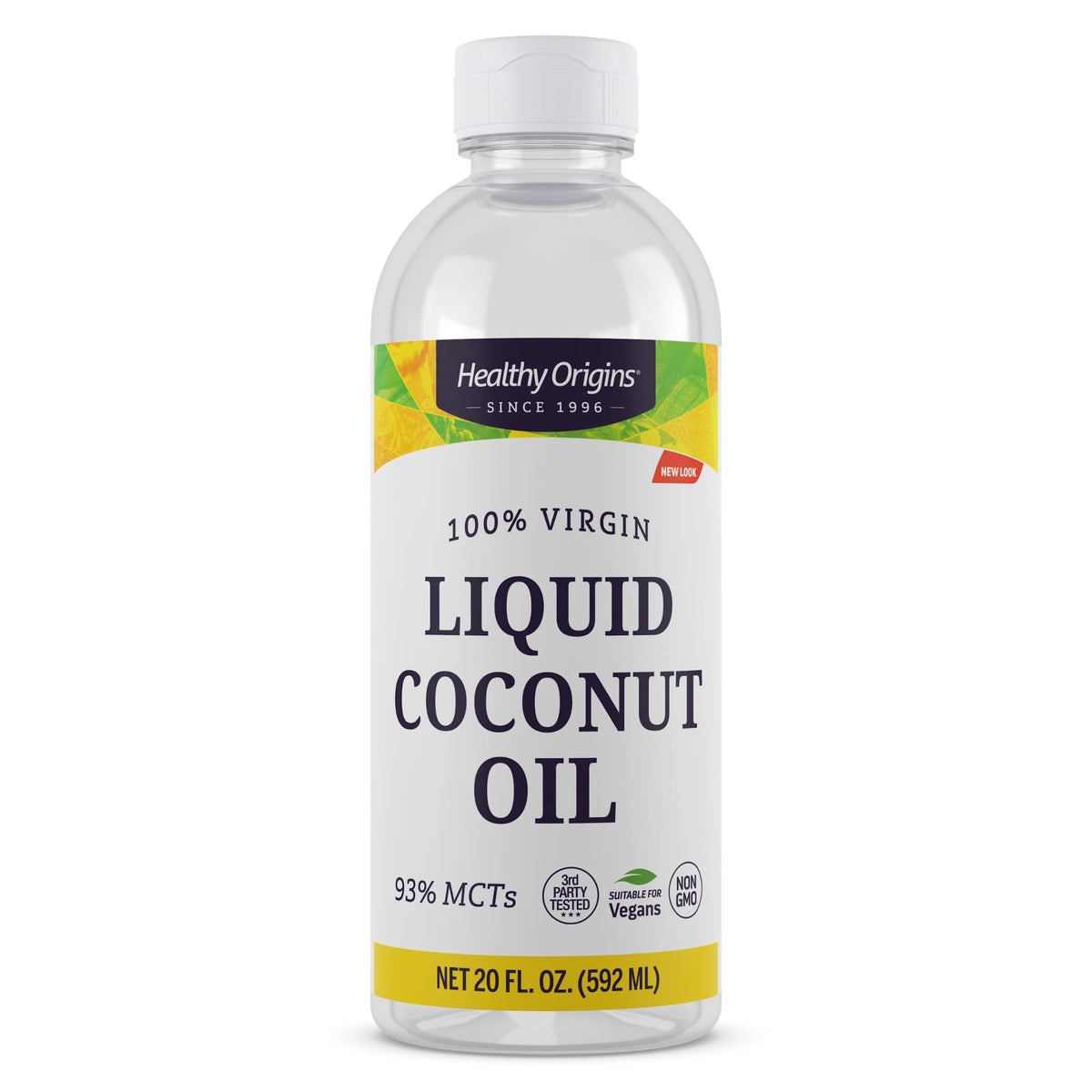 Healthy Origins Coconut Oil bottle on kitchen counter, ready for cooking.