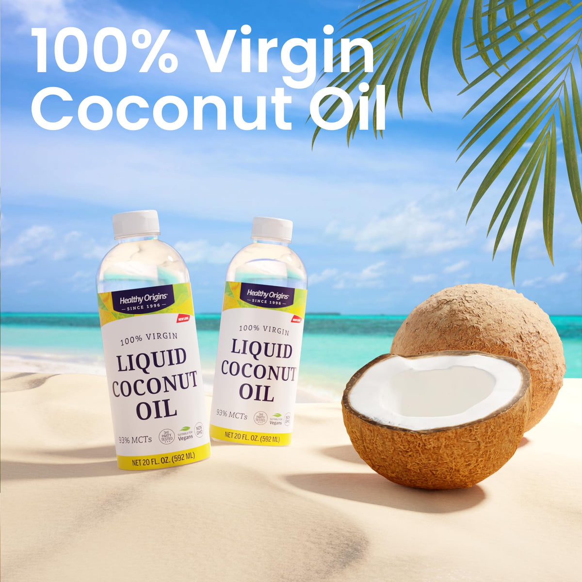 Healthy Origins Coconut Oil label shows 93% MCTs and quality.