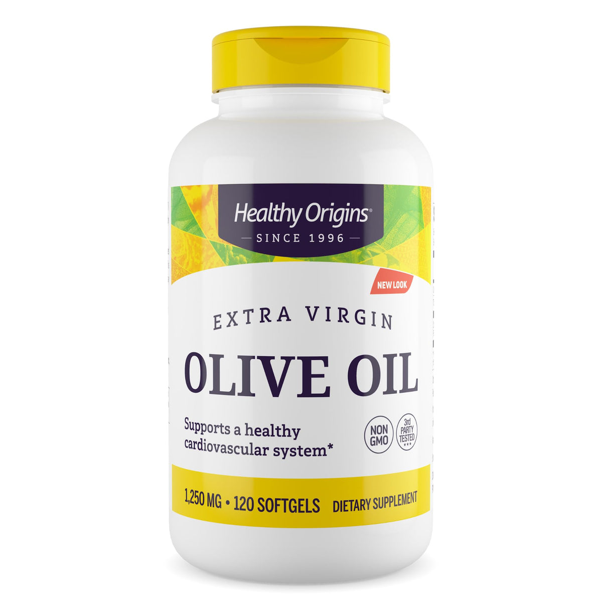 Healthy Origins extra virgin olive oil softgel bottle shown for daily use and polyphenol-rich benefits