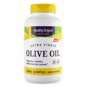 Healthy Origins extra virgin olive oil softgel bottle shown for daily use and polyphenol-rich benefits