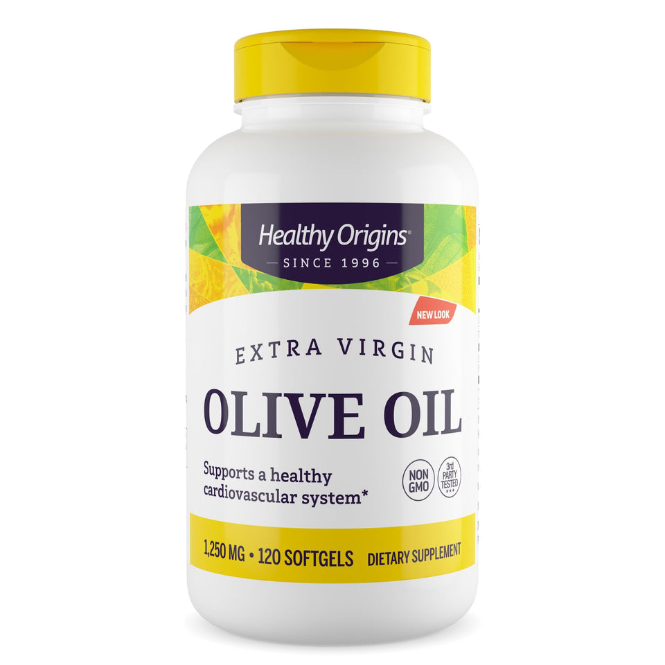 Healthy Origins extra virgin olive oil softgel bottle shown for daily use and polyphenol-rich benefits