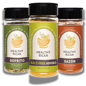 Healthy Rican adobo bottle pour enhances savory meals with salt-free, bold Puerto Rican flavor.
