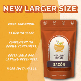 Healthy Rican Sazon pour and spoon to season arroz con pollo