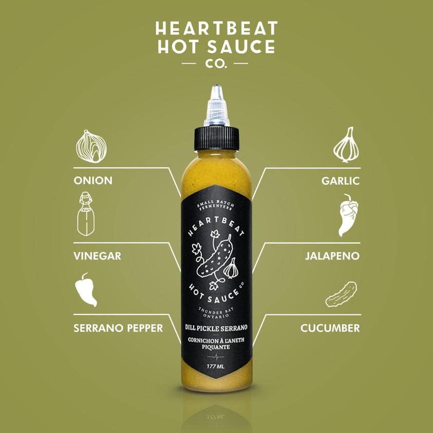 Heartbeat Dill Pickle Serrano label highlights vegan and gluten-free attributes