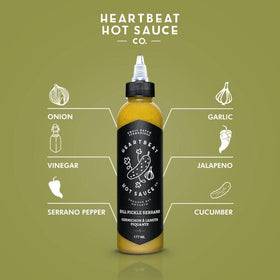 Heartbeat Dill Pickle Serrano label highlights vegan and gluten-free attributes