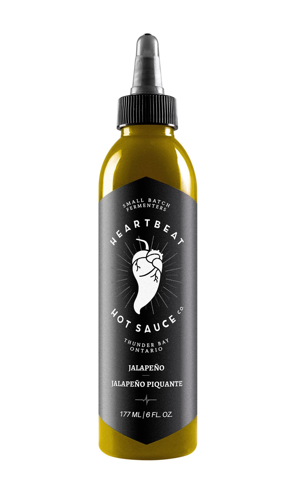 Heartbeat Hot Sauce Co. jalapeño bottle showcases balanced heat for everyday meals.