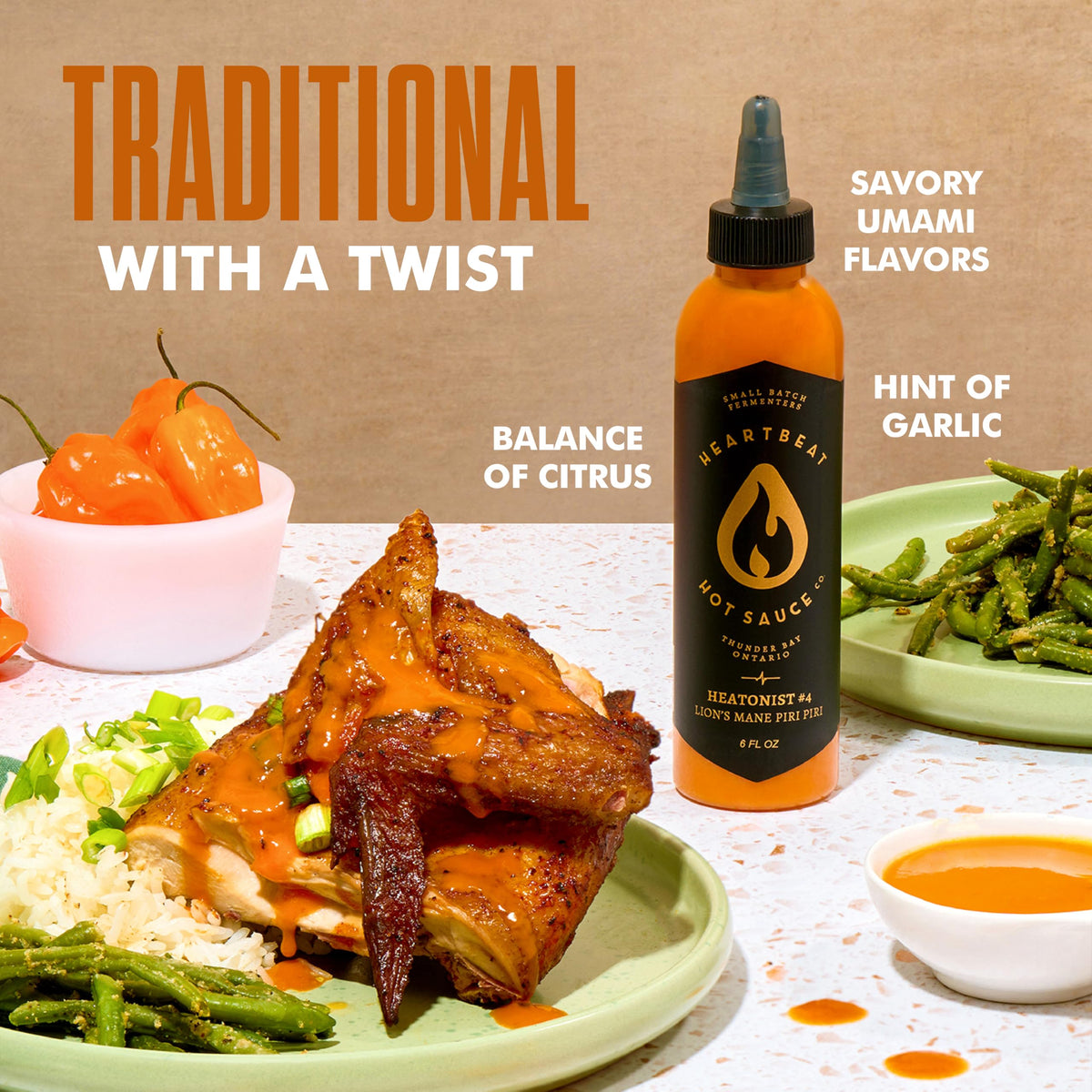 Heartbeat Lion's Mane Piri Piri grilled fish pairing with zesty notes.