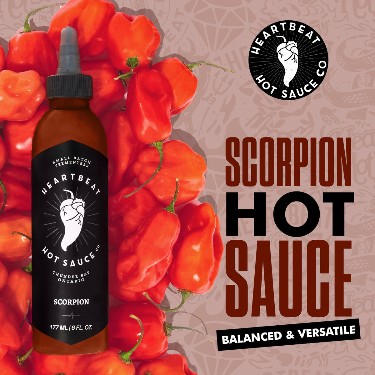 Heartbeat Hot Sauce Co. Scorpion ingredients highlight beets and chipotle for earthy, smoky profile.