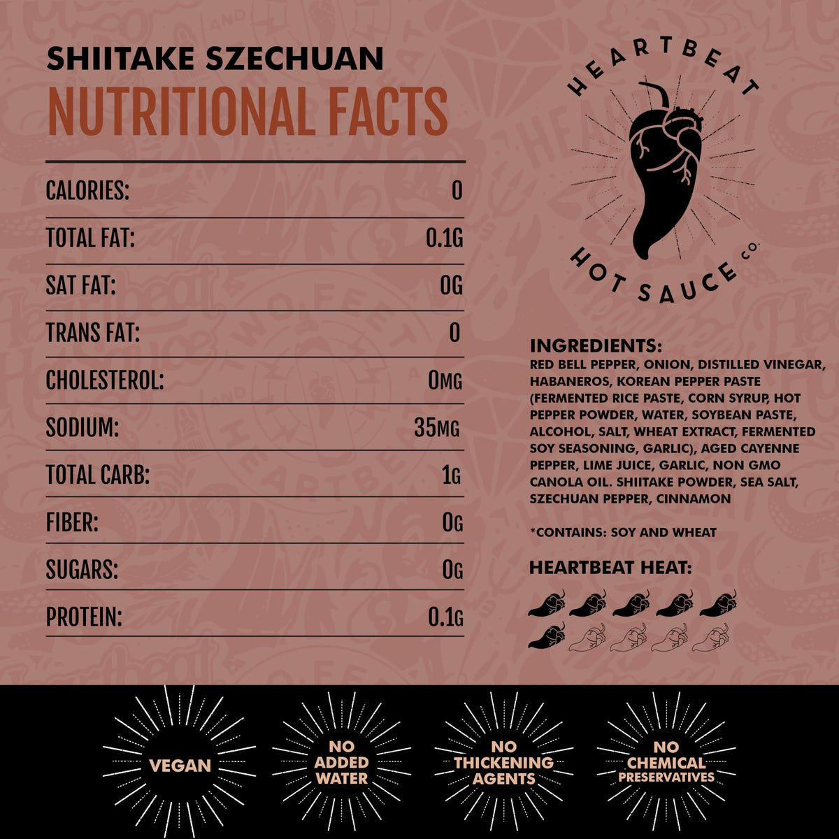 Heartbeat Hot Sauce Co. Shiitake Szechuan label closeup reveals bold ingredients.