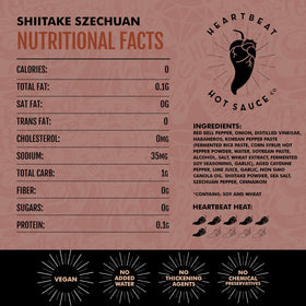 Heartbeat Hot Sauce Co. Shiitake Szechuan label closeup reveals bold ingredients.