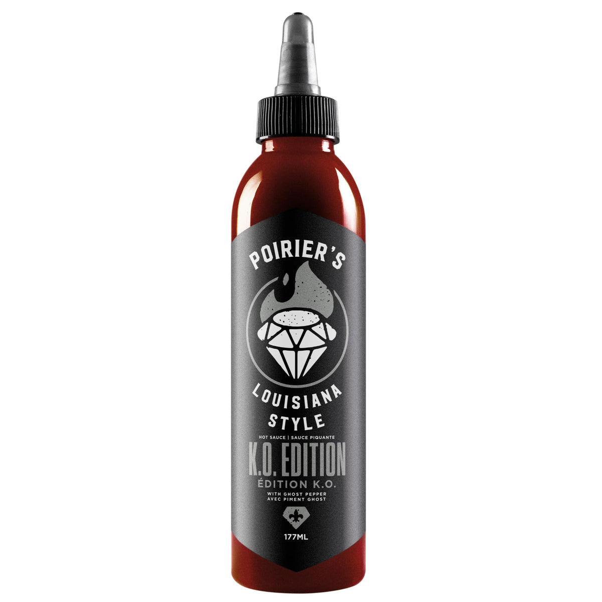 Heartbeat Hot Sauce Co. Poirier's KO Edition bottle front showcases bold branding and Louisiana-inspired heat.